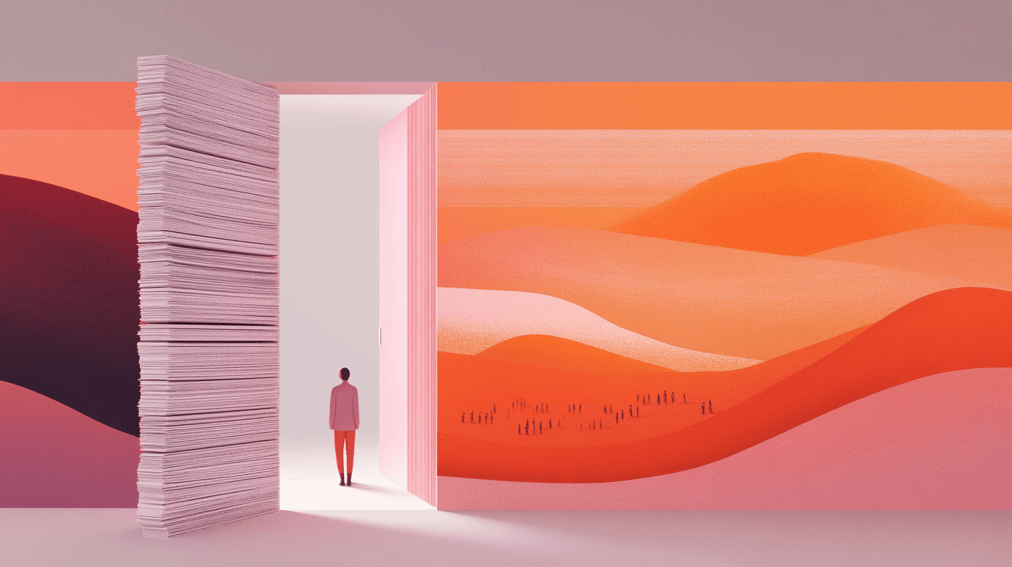 Person stepping through a doorway from stacked academic papers into a colorful landscape, representing the transformation of research into accessible stories