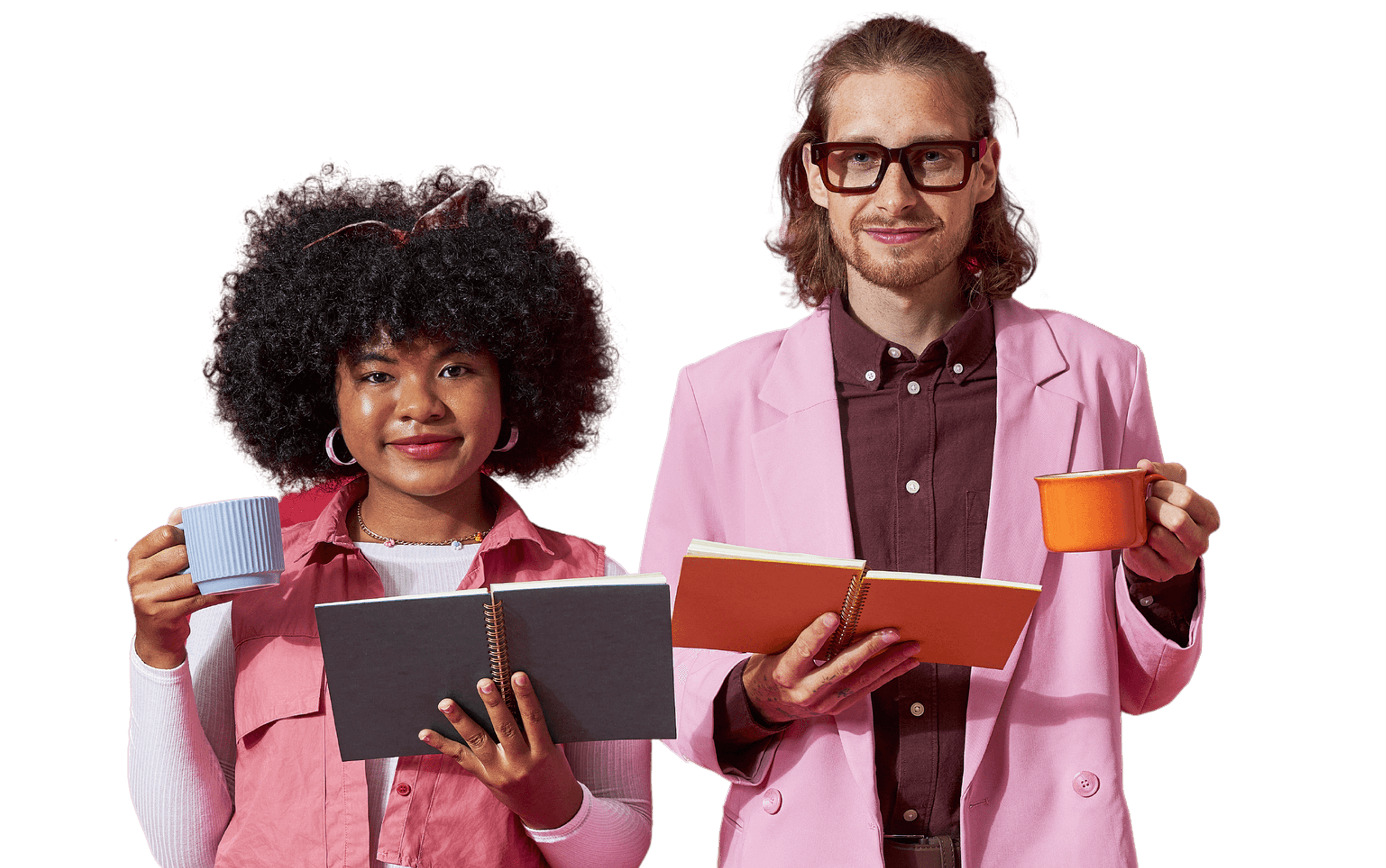 Two people with notebooks and coffee